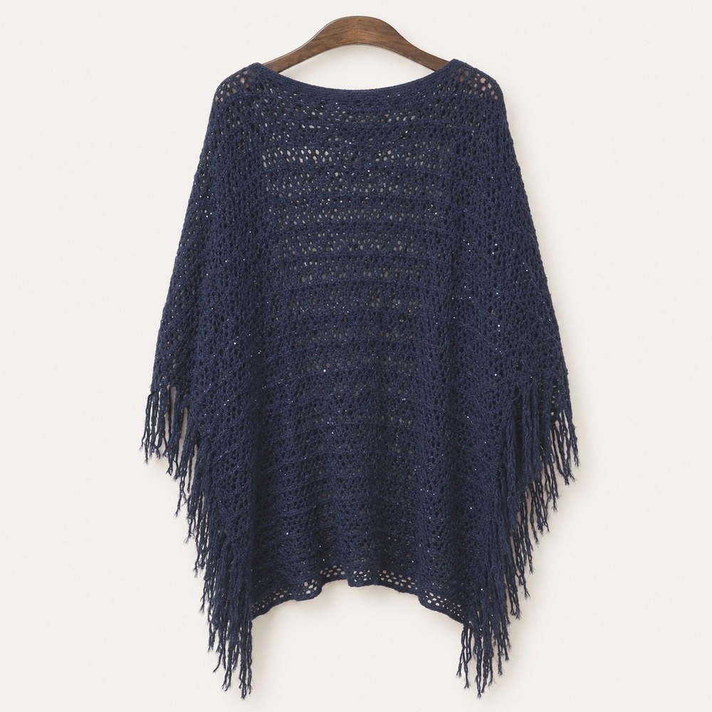 Crochet Poncho OS No Tags Dark Navy With Navy Sequins Fringe Boho Witchy